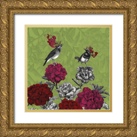 Blooming Birds, Rhododendron, Fine Art Print Gold Ornate Wood Framed Art Print with Double Matting by Fab Funky