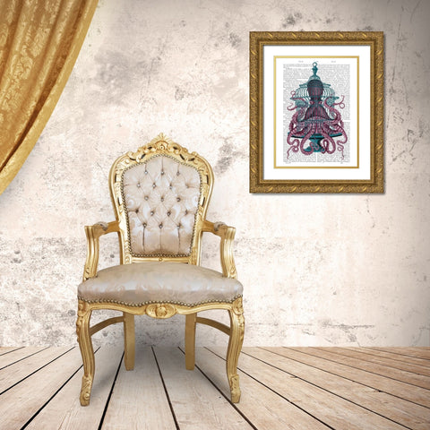Pink Octopus in Cage Gold Ornate Wood Framed Art Print with Double Matting by Fab Funky