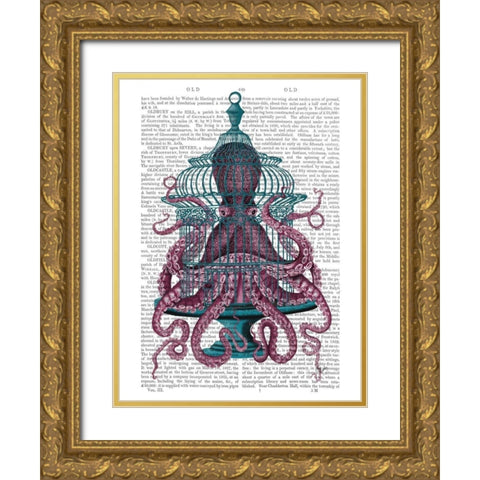 Pink Octopus in Cage Gold Ornate Wood Framed Art Print with Double Matting by Fab Funky