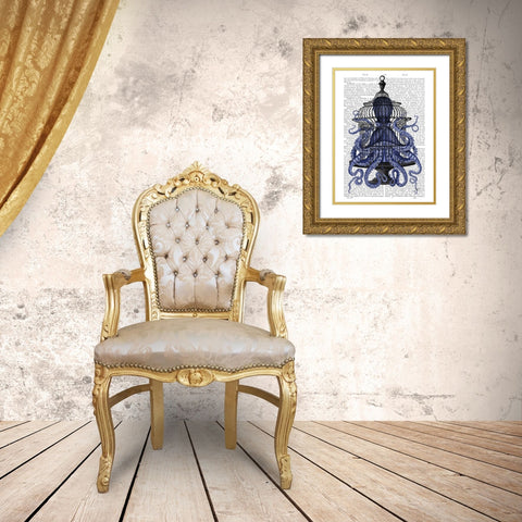 Blue Octopus in Cage Gold Ornate Wood Framed Art Print with Double Matting by Fab Funky