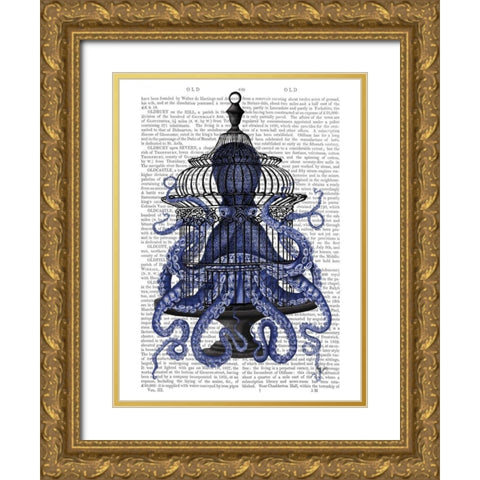 Blue Octopus in Cage Gold Ornate Wood Framed Art Print with Double Matting by Fab Funky