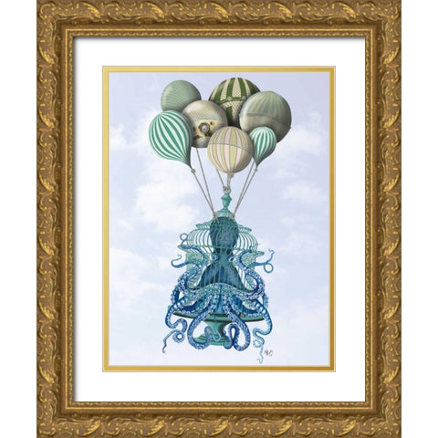 Octopus Cage and Balloons Gold Ornate Wood Framed Art Print with Double Matting by Fab Funky