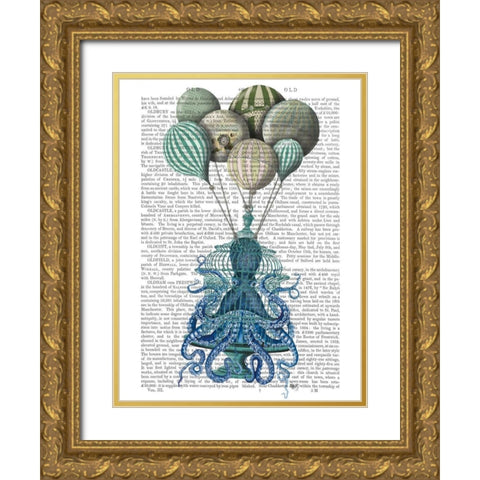 Octopus Cage and Balloons Gold Ornate Wood Framed Art Print with Double Matting by Fab Funky