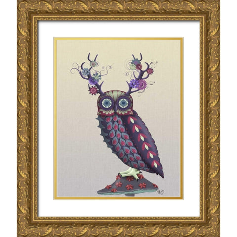 Owl with Psychedelic Antlers Gold Ornate Wood Framed Art Print with Double Matting by Fab Funky