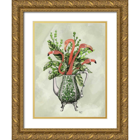 Vase Of Flamingos Gold Ornate Wood Framed Art Print with Double Matting by Fab Funky