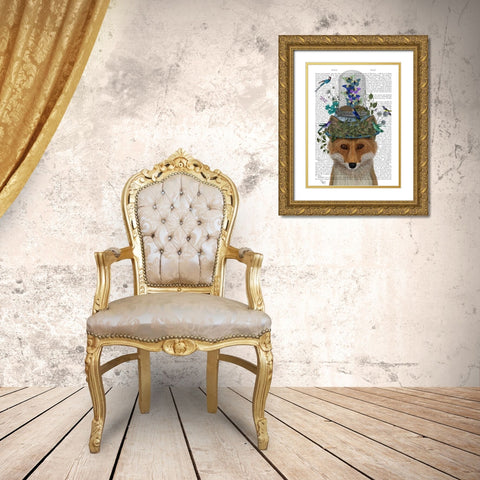 Fox with Butterfly Bell Jar Gold Ornate Wood Framed Art Print with Double Matting by Fab Funky