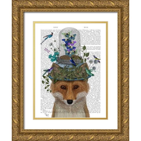 Fox with Butterfly Bell Jar Gold Ornate Wood Framed Art Print with Double Matting by Fab Funky