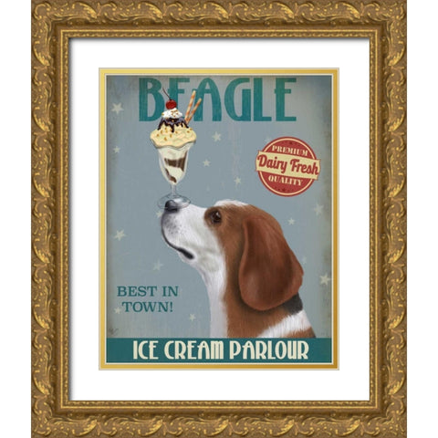 Beagle Ice Cream Gold Ornate Wood Framed Art Print with Double Matting by Fab Funky