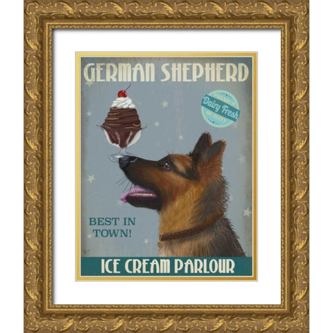 German Shepherd Ice Cream Gold Ornate Wood Framed Art Print with Double Matting by Fab Funky