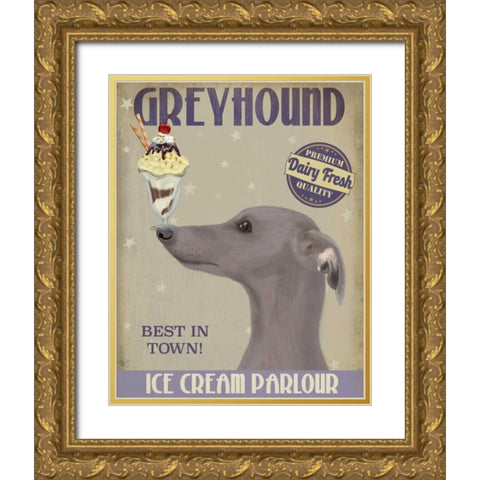Greyhound, Grey, Ice Cream Gold Ornate Wood Framed Art Print with Double Matting by Fab Funky