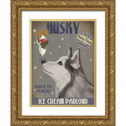 Husky Ice Cream Gold Ornate Wood Framed Art Print with Double Matting by Fab Funky