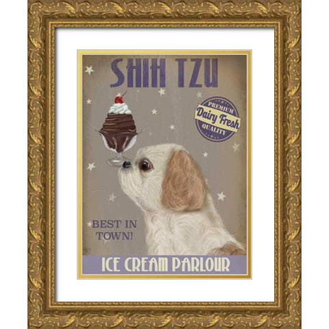 Shih Tzu Ice Cream Gold Ornate Wood Framed Art Print with Double Matting by Fab Funky
