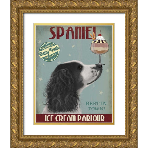 Springer Spaniel, Black and White, Ice Cream Gold Ornate Wood Framed Art Print with Double Matting by Fab Funky