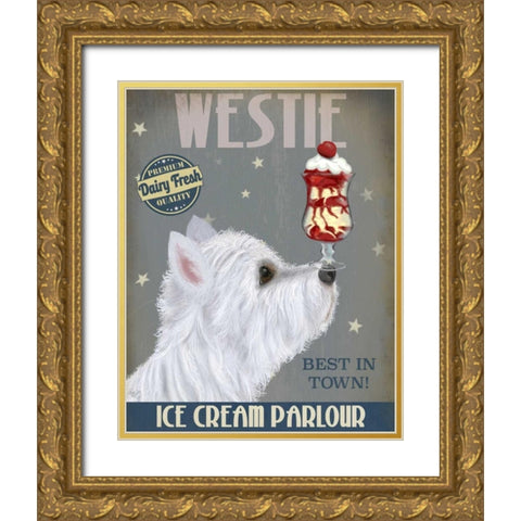Westie Ice Cream Gold Ornate Wood Framed Art Print with Double Matting by Fab Funky