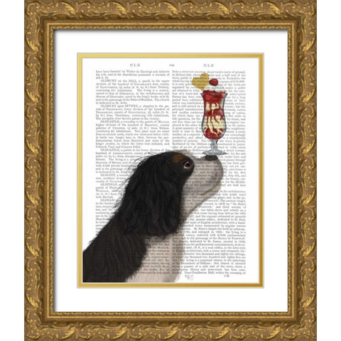 Cavalier King Charles, Black White, Ice Cream Gold Ornate Wood Framed Art Print with Double Matting by Fab Funky