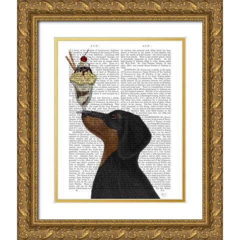Dachshund, Black and Tan, Ice Cream Gold Ornate Wood Framed Art Print with Double Matting by Fab Funky