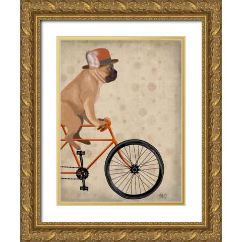 French Bulldog on Bicycle Gold Ornate Wood Framed Art Print with Double Matting by Fab Funky
