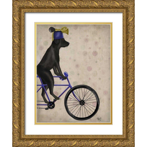 Black Labrador on Bicycle Gold Ornate Wood Framed Art Print with Double Matting by Fab Funky