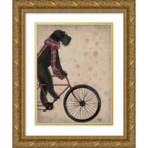 Schnauzer on Bicycle, Black Gold Ornate Wood Framed Art Print with Double Matting by Fab Funky
