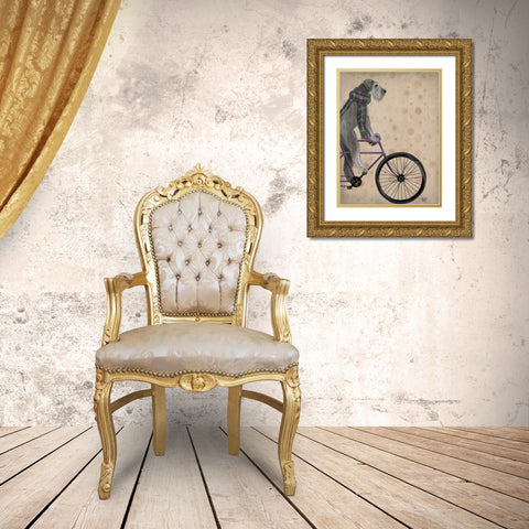 Schnauzer on Bicycle, Grey Gold Ornate Wood Framed Art Print with Double Matting by Fab Funky