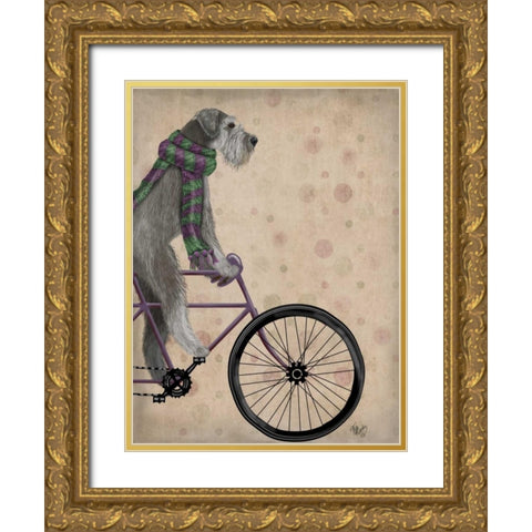 Schnauzer on Bicycle, Grey Gold Ornate Wood Framed Art Print with Double Matting by Fab Funky