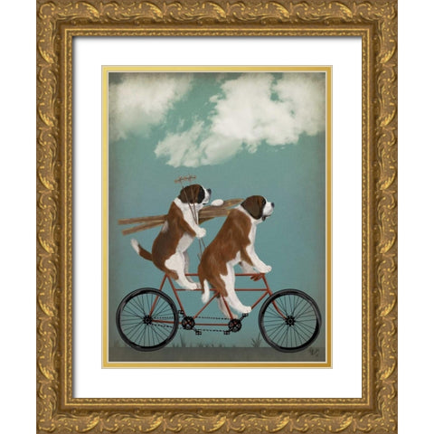 St Bernard Tandem Gold Ornate Wood Framed Art Print with Double Matting by Fab Funky