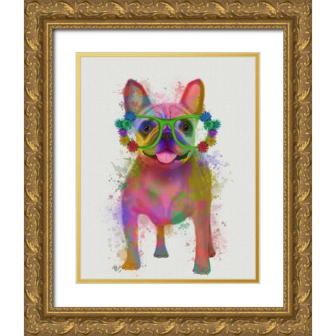 Rainbow Splash French Bulldog, Full Gold Ornate Wood Framed Art Print with Double Matting by Fab Funky