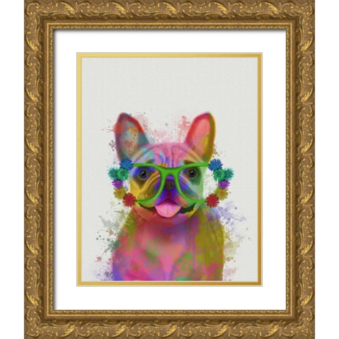 Rainbow Splash French Bulldog, Portrait Gold Ornate Wood Framed Art Print with Double Matting by Fab Funky