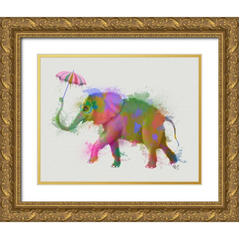 Rainbow Splash Elephant Gold Ornate Wood Framed Art Print with Double Matting by Fab Funky