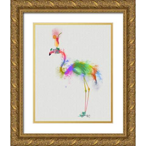 Rainbow Splash Flamingo 1 Gold Ornate Wood Framed Art Print with Double Matting by Fab Funky