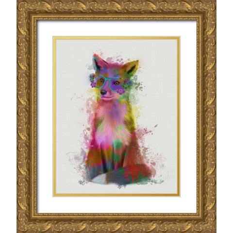 Rainbow Splash Fox 1 Gold Ornate Wood Framed Art Print with Double Matting by Fab Funky