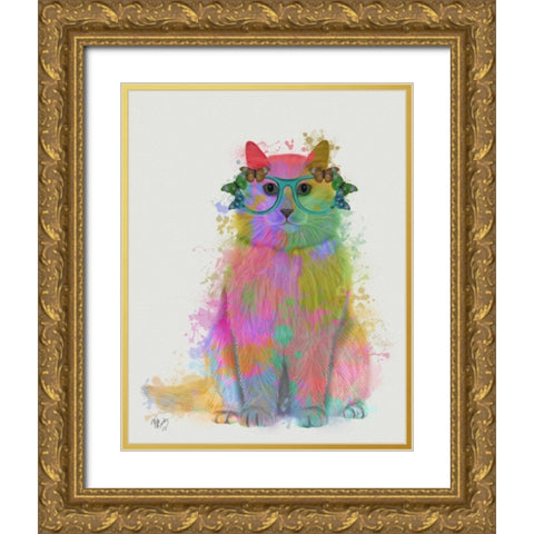 Rainbow Splash Cat 3, Full Gold Ornate Wood Framed Art Print with Double Matting by Fab Funky