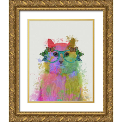 Rainbow Splash Cat 3, Portrait Gold Ornate Wood Framed Art Print with Double Matting by Fab Funky