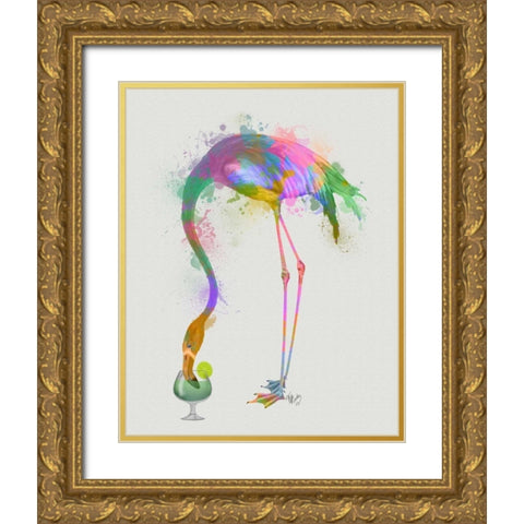 Rainbow Splash Flamingo 3 Gold Ornate Wood Framed Art Print with Double Matting by Fab Funky
