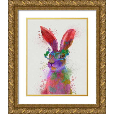 Rainbow Splash Rabbit 2, Portrait Gold Ornate Wood Framed Art Print with Double Matting by Fab Funky