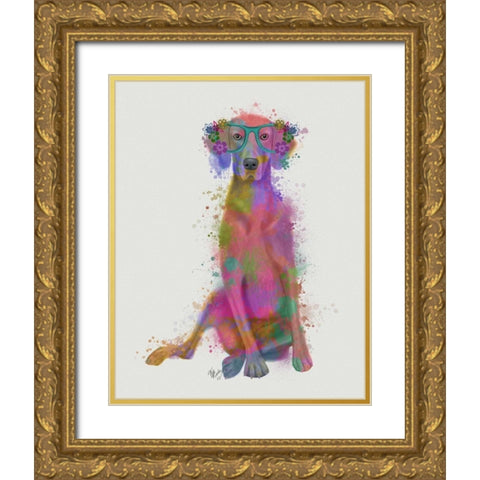 Rainbow Splash Weimaraner, Full Gold Ornate Wood Framed Art Print with Double Matting by Fab Funky