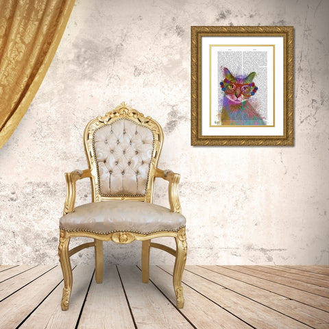 Rainbow Splash Cat 1 Gold Ornate Wood Framed Art Print with Double Matting by Fab Funky
