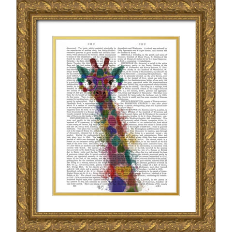 Rainbow Splash Giraffe 1 Gold Ornate Wood Framed Art Print with Double Matting by Fab Funky