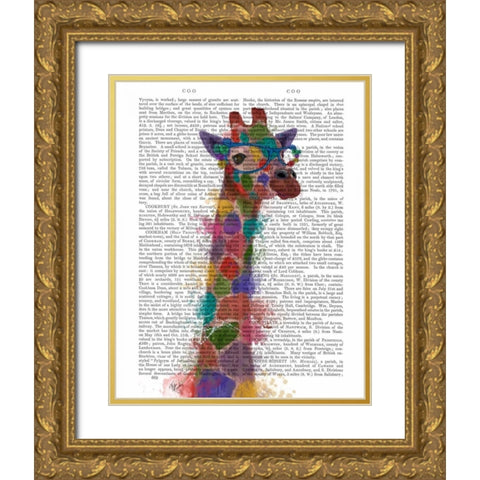 Rainbow Splash Giraffe 2 Gold Ornate Wood Framed Art Print with Double Matting by Fab Funky