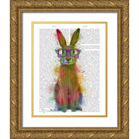 Rainbow Splash Rabbit 1 Gold Ornate Wood Framed Art Print with Double Matting by Fab Funky