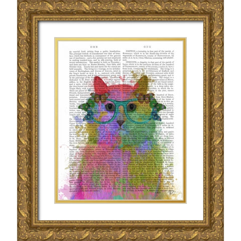 Rainbow Splash Cat 3, Portrait Gold Ornate Wood Framed Art Print with Double Matting by Fab Funky