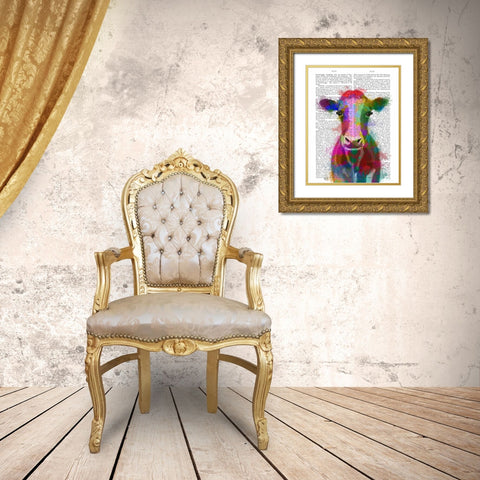 Rainbow Splash Cow Gold Ornate Wood Framed Art Print with Double Matting by Fab Funky