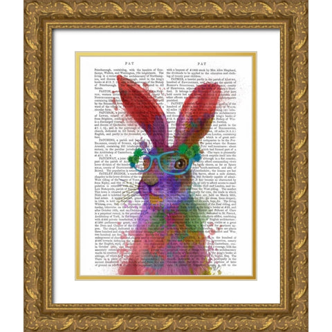 Rainbow Splash Rabbit 2, Portrait Gold Ornate Wood Framed Art Print with Double Matting by Fab Funky