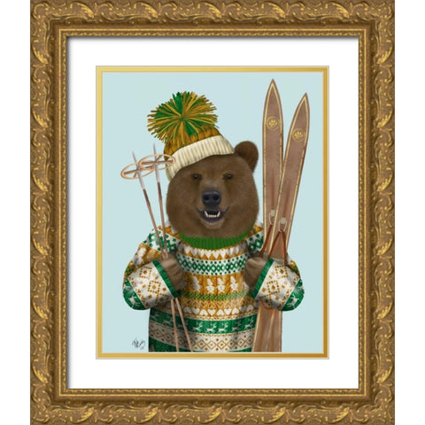 Bear in Christmas Sweater Gold Ornate Wood Framed Art Print with Double Matting by Fab Funky