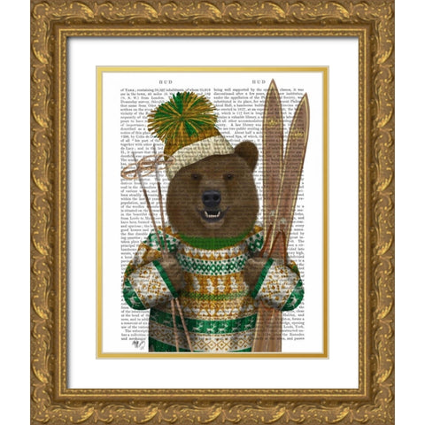 Bear in Christmas Sweater Gold Ornate Wood Framed Art Print with Double Matting by Fab Funky