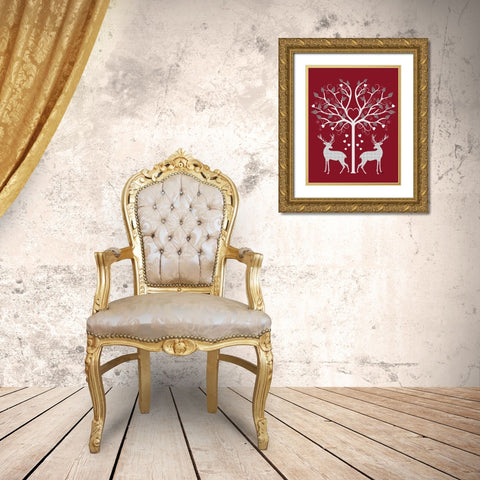 Christmas Des - Deer and Heart Tree, Grey on Red Gold Ornate Wood Framed Art Print with Double Matting by Fab Funky