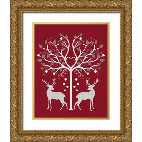 Christmas Des - Deer and Heart Tree, Grey on Red Gold Ornate Wood Framed Art Print with Double Matting by Fab Funky