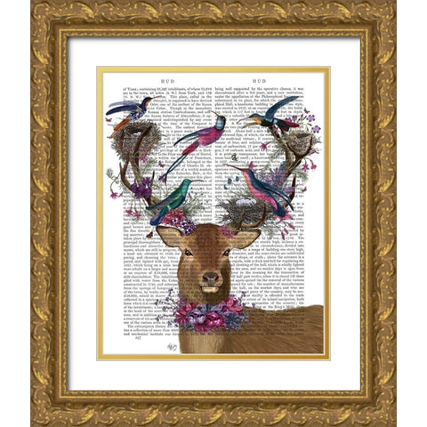 Deer Birdkeeper, Tropical Bird Nests Gold Ornate Wood Framed Art Print with Double Matting by Fab Funky