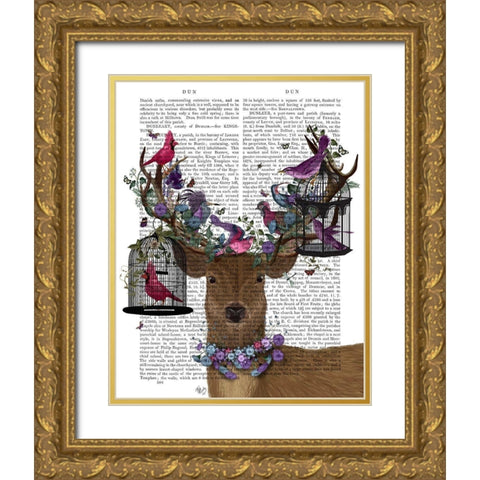 Deer Birdkeeper, Tropical Bird Cages Gold Ornate Wood Framed Art Print with Double Matting by Fab Funky