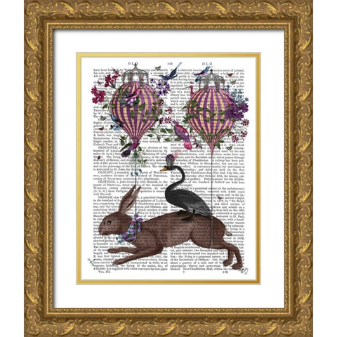 Hare Birdkeeper, Hot Air Balloon Gold Ornate Wood Framed Art Print with Double Matting by Fab Funky